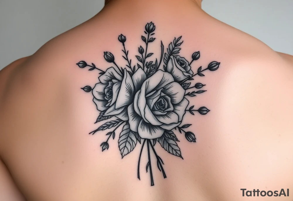 vintage bouquet of wild roses and meadow flowers with morning dew tattoo idea