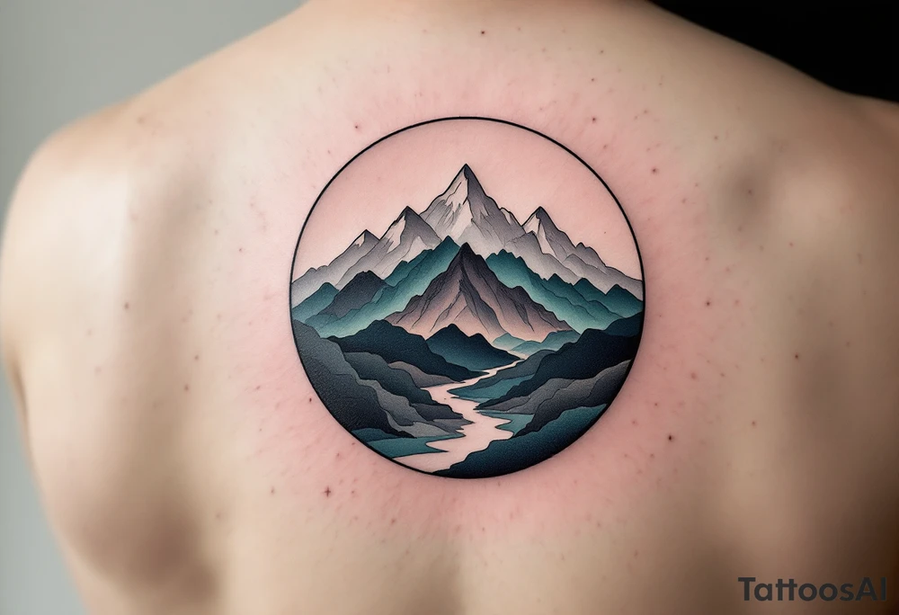 A circle filled with gradient mountain layers in tones of gray, navy, and moss green. tattoo idea