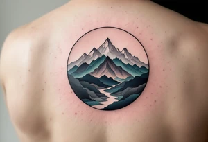 A circle filled with gradient mountain layers in tones of gray, navy, and moss green. tattoo idea