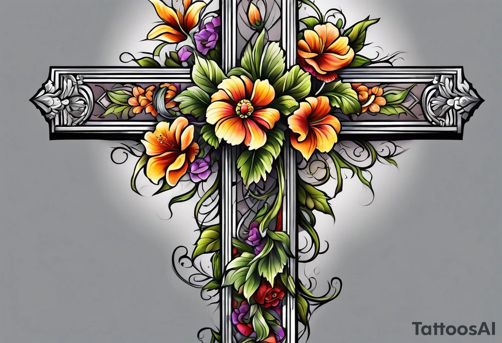 Flowers around a cross tattoo idea