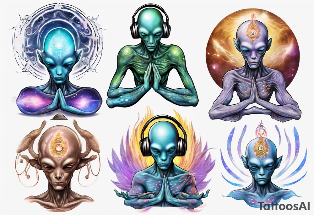 A realistic depiction of a meditating alien DJ  and energy flowing from their pineal gland tattoo idea