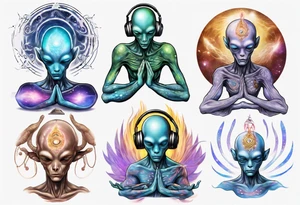 A realistic depiction of a meditating alien DJ  and energy flowing from their pineal gland tattoo idea