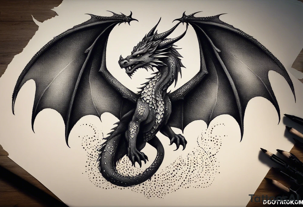 Symmetrical, Realistic dragon, facing forward. With both wings spread out. Torn look to wings. Tails wraps down and has a morning star weapon at the end of tail. The tattoo would be suitable for the centre of a chest tattoo idea