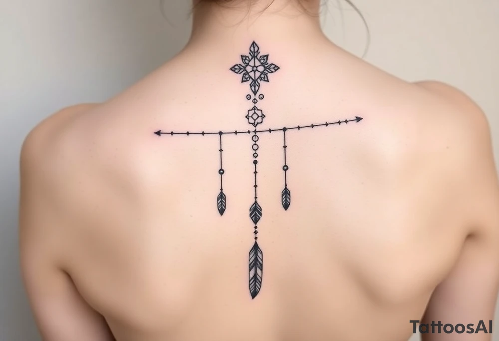 Thin vertical memorial chain of symbols symbolizing loss, a brother and sister bond, and strength in a native ornament style following down the spine in with 3 vertical different lengths flowing lines made of a discreet connection of morse code ".--- .- --.     .-.. ... -.- .- .-.   -.. .. --.     .-.. .. .-.. .-.. . -... .-. --- .-. forming 3 arrow shapes connected to 3 flowing feathers hanging from the end of the morse code lines tattoo idea