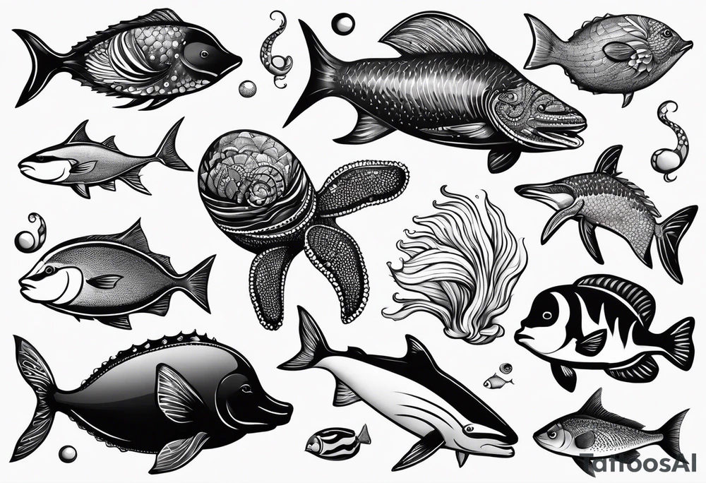 Small sea creatures in a line tattoo idea