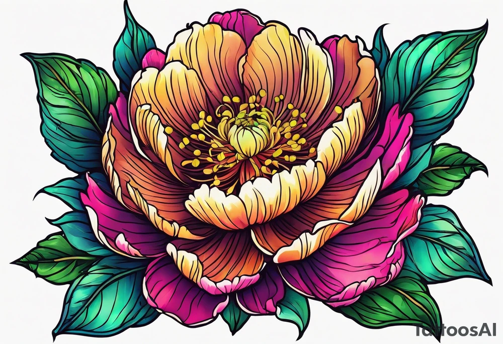 beautiful. colorful, neon, multicolored peony, white background, highly detailed, new school, new school style, street style, streetwear, urban wear tattoo idea