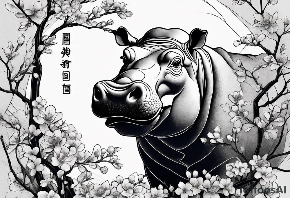 Asymmetrical, geometric, chinese ink art touch, hippo , full moon, wintersweet flower, light tattoo idea