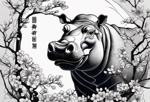 Asymmetrical, geometric, chinese ink art touch, hippo , full moon, wintersweet flower, light tattoo idea