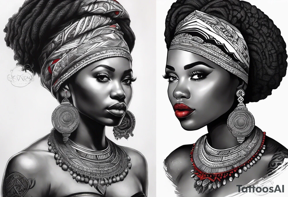 Deus èsú africano realista em preto e cinza com tons de vermelho tattoo idea