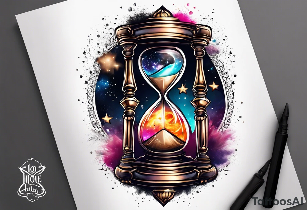Hourglass with star stuff and cosmic dust exploding from the top and bottom of the hourglass. Long tattoo to fit on the forearm tattoo idea