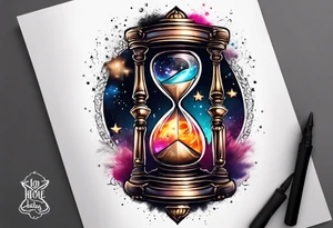 Hourglass with star stuff and cosmic dust exploding from the top and bottom of the hourglass. Long tattoo to fit on the forearm tattoo idea