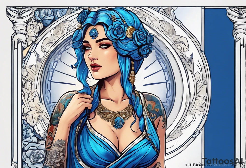 ancient rome clothes ,women,,ancient scale in one hand, blue rose frames, justicia ,keeps  scale tattoo idea