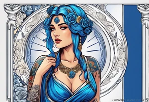 ancient rome clothes ,women,,ancient scale in one hand, blue rose frames, justicia ,keeps  scale tattoo idea