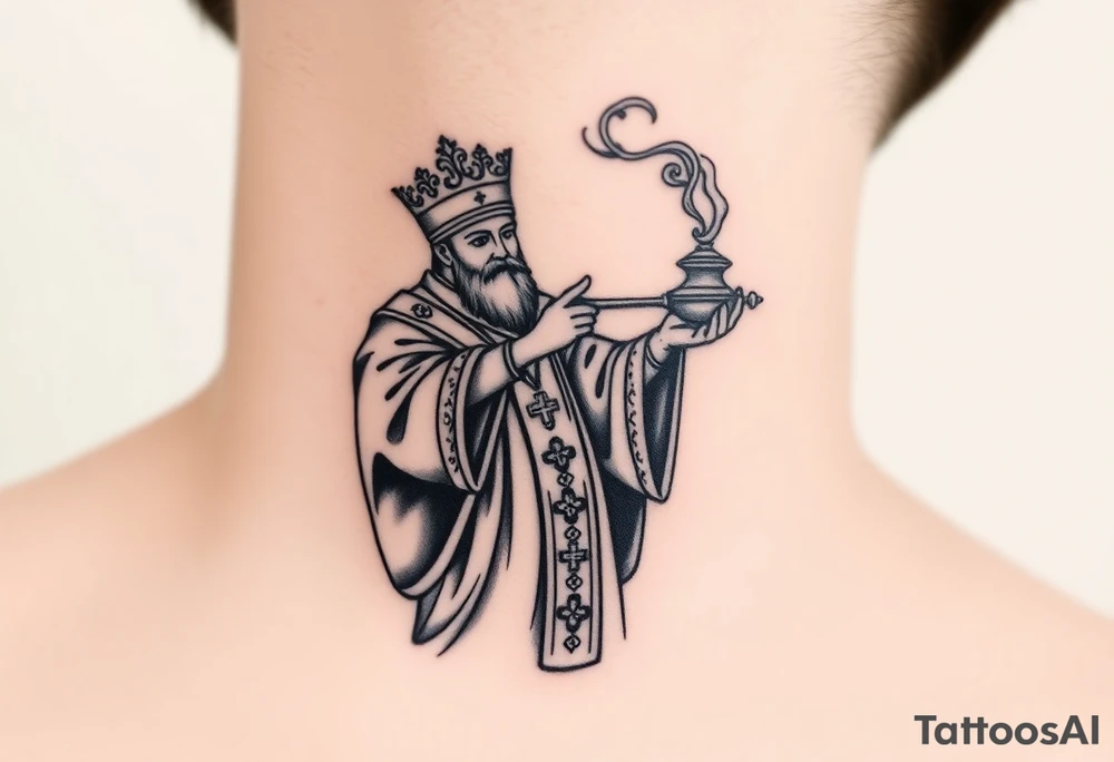 Russian Orthodox Priest in fully detailed vestment swinging a censer with smoke curling upward tattoo idea