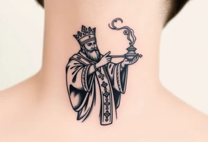 Russian Orthodox Priest in fully detailed vestment swinging a censer with smoke curling upward tattoo idea