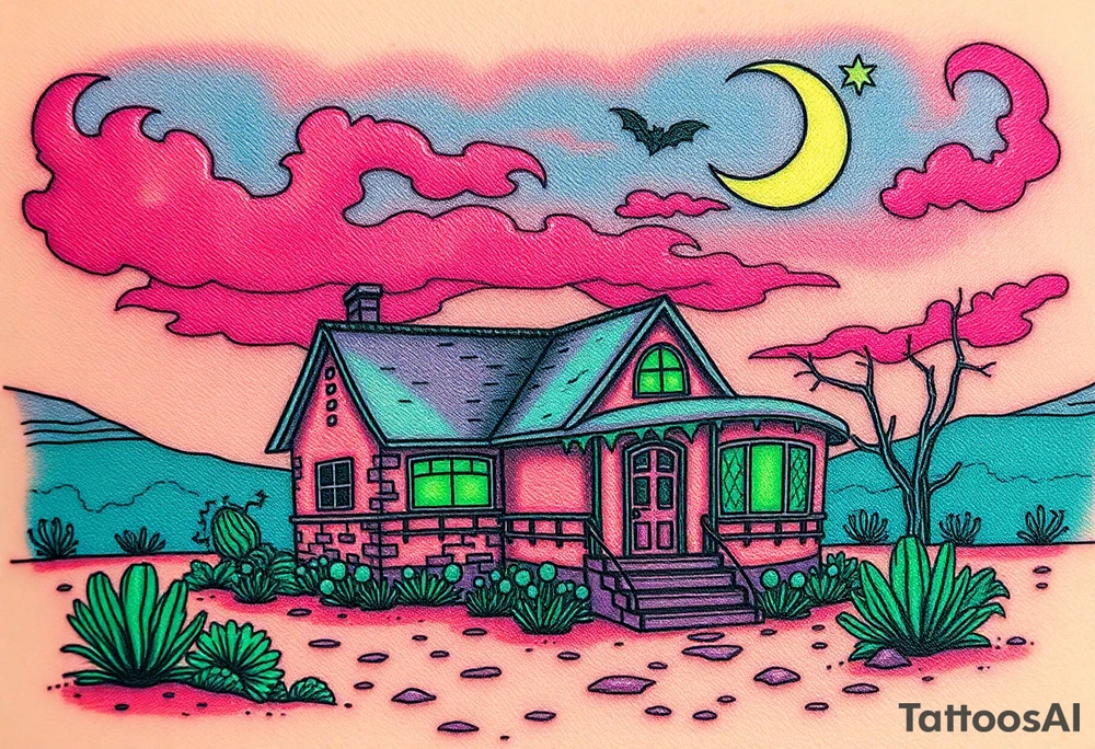 Tim Burton’s haunted desert bungalow is abandoned and dripping with muted reds, dusty pinks, and eerie green glow.purple and cyan smokey clouds swirl in the crescent moonlit sky thats sprinkled with stars tattoo idea tattoo idea