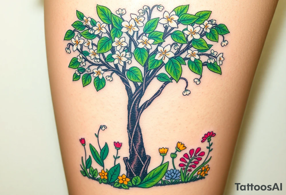 Lilly of the vally plants underneath a blooming hawthorn tree with other colorful plants on ground tattoo idea