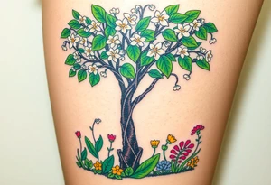 Lilly of the vally plants underneath a blooming hawthorn tree with other colorful plants on ground tattoo idea