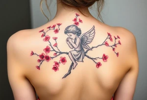 A tatoo in the back of a baby angel on the cherry red blossom tree tattoo idea