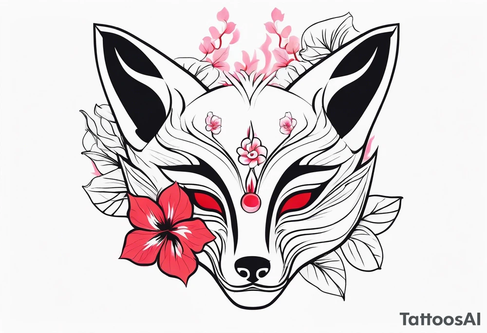 White japanese mask that looks like a kitsune with red accents and pink hibiscus flowers tattoo idea