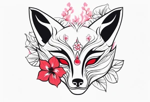 White japanese mask that looks like a kitsune with red accents and pink hibiscus flowers tattoo idea