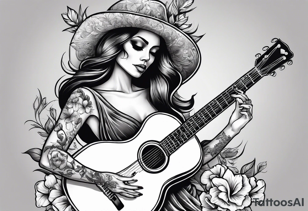 female skeleton playing guitar. Hibiscus flower tattoo idea