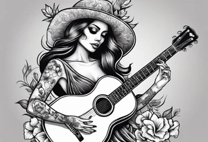 female skeleton playing guitar. Hibiscus flower tattoo idea