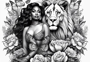 Full body black woman with a lion, butterflies and flowers tattoo idea