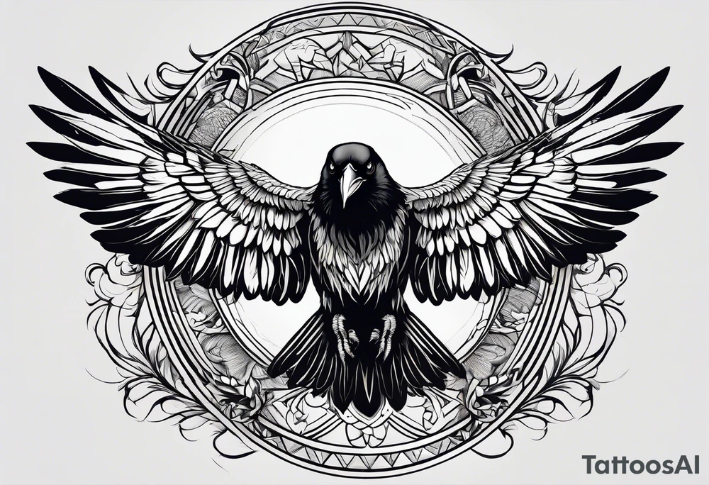 crow with open wings, only line drawing, symmetrical, without background, tattoo idea