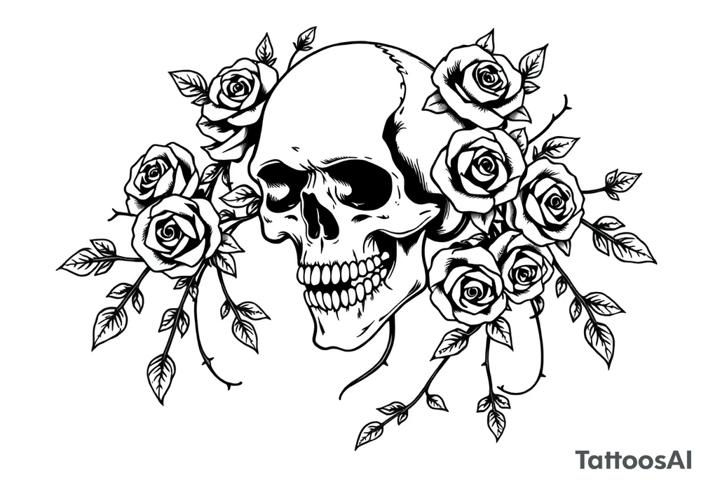 gothic skull intertwined with climbing roses and thorny vines surreal tattoo idea