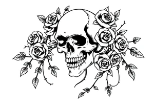 gothic skull intertwined with climbing roses and thorny vines surreal tattoo idea