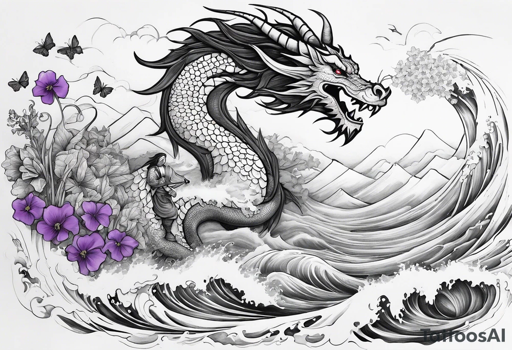 create me a tattoo with a dragon on a wave and a feild of violets and a man and a child walking together tattoo idea