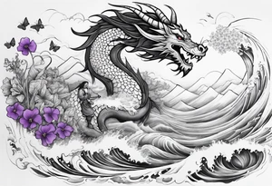 create me a tattoo with a dragon on a wave and a feild of violets and a man and a child walking together tattoo idea