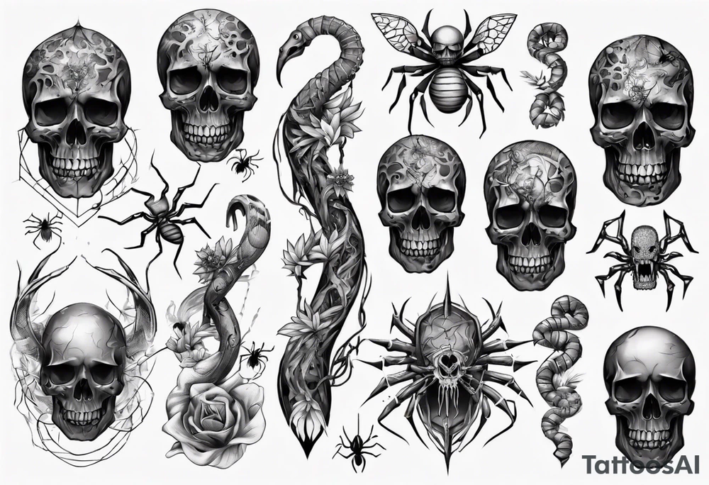 Black skull sleeve tattoo with spiders and snake tattoo idea Black skull sleeve tattoo with spiders and snake tattoo idea