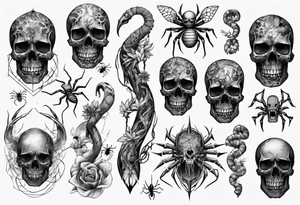 Black skull sleeve tattoo with spiders and snake tattoo idea