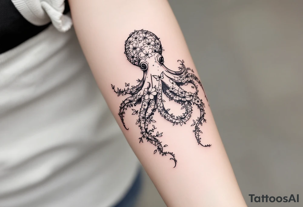 A fine-line tattoo design of a single octopus made entirely of flowers and butterflies. The octopus’s tentacles are shaped like flowing floral vines with leaves and petals, and its body is composed of overlapping blossoms and butterfly wings. The style is minimalist, elegant, and nature-inspired, with delicate black and grey lines, soft shading, and no outlines. No aquatic or marine elements besides the floral octopus. The design flows organically down the upper arm or shoulder, with a light, airy, and poetic feel. tattoo idea