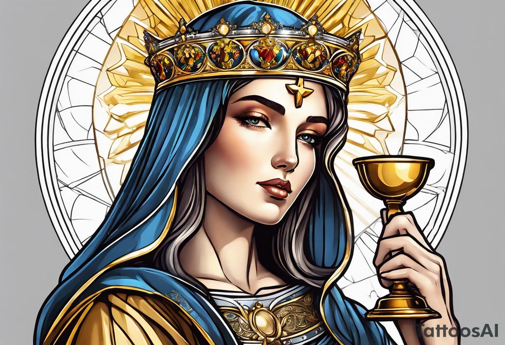holy saint woman with golden halo holding a chalice tattoo idea