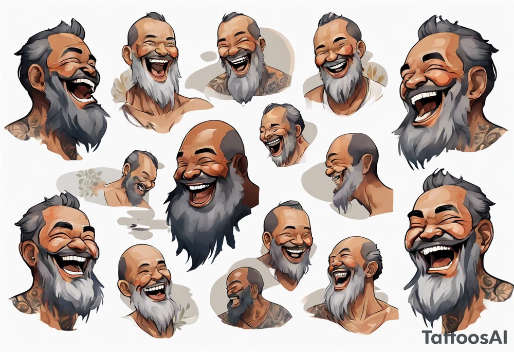 a solitary large man with brown skin with a grey beard laughing tattoo idea