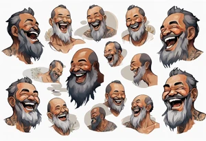 a solitary large man with brown skin with a grey beard laughing tattoo idea
