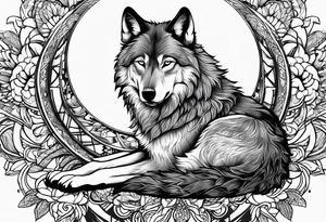 strength, small, sitting young wolf, elegant, sun, lenghty tattoo idea