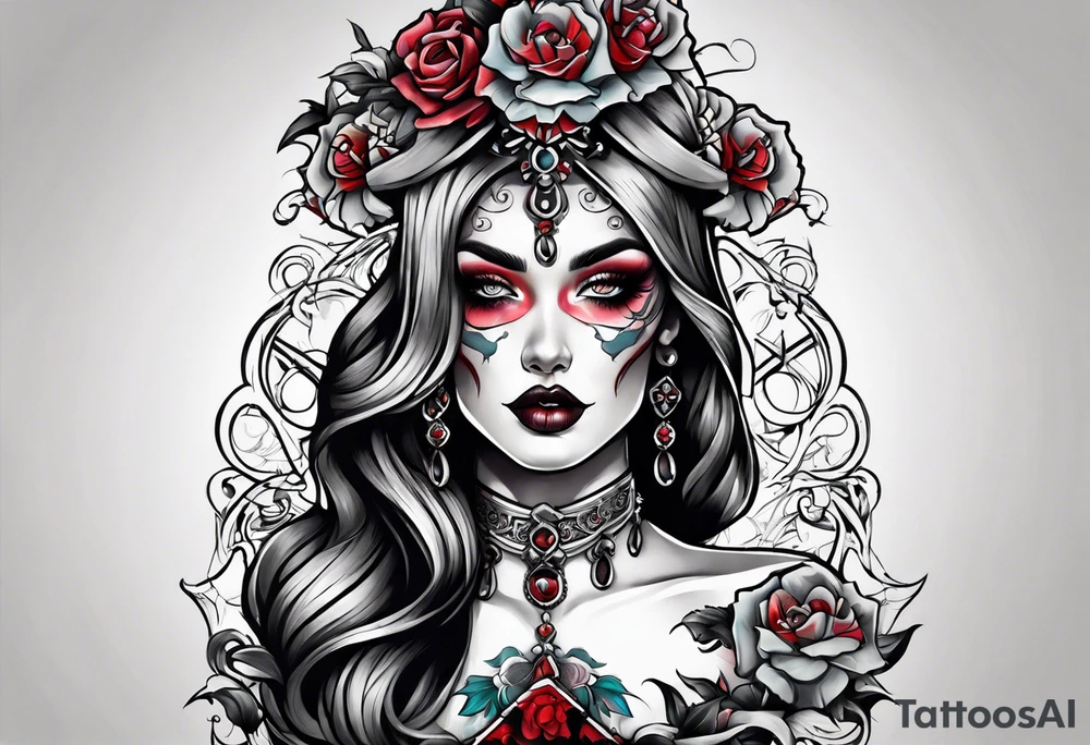 Bright bold Neo traditional tattoo woman with skulls and blood. Crosses for eyes tattoo idea
