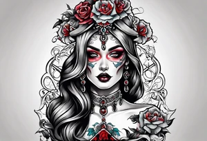 Bright bold Neo traditional tattoo woman with skulls and blood. Crosses for eyes tattoo idea