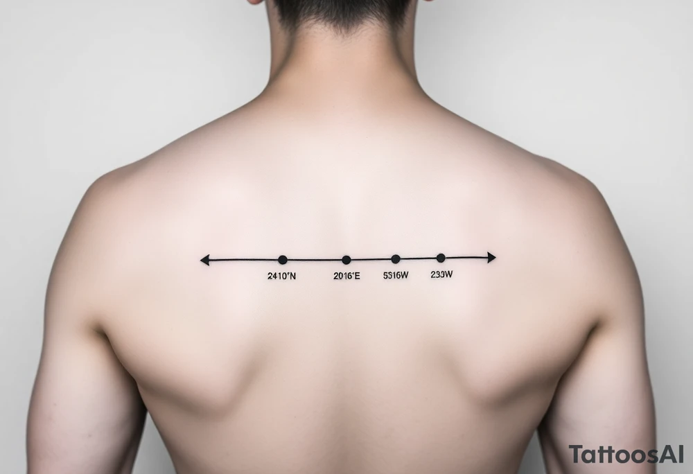 Style: minimalist fine-line  
Layout: horizontal timeline  
Elements:  
- 2 timeline dots  
- Coordinates: "24°10′N, 20°16′E" and "53.4084°N, 2.9916°W" under each dot  
- Small circle markers above each  
- Below line: Morse code — ● — ● ● — ● — ● — — — ● — ● ● ● ● — ● — tattoo idea