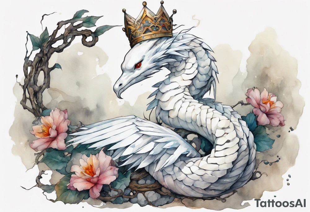 a white bird-serpent hybrid, wearing a iron crown, wrapped around a stone tattoo idea