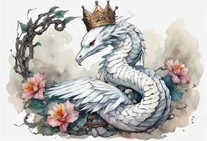 a white bird-serpent hybrid, wearing a iron crown, wrapped around a stone tattoo idea