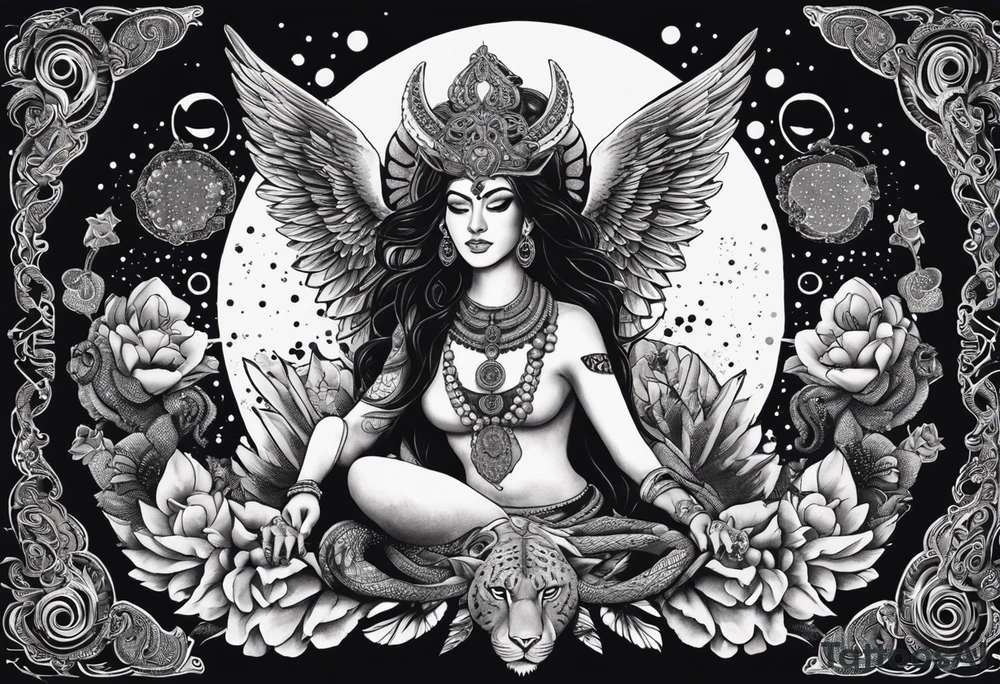 black kali, goddess pirate, alien, angel, pachamama, valkrye, warrior, flying, skull, lotus azul, wing, eagle, zenza resonance, stars, 5D, anahata chakra, death, durga, riding on a tiger, flying lady, kundalini, chest tatoo, samuri, rebel, serpent tattoo idea