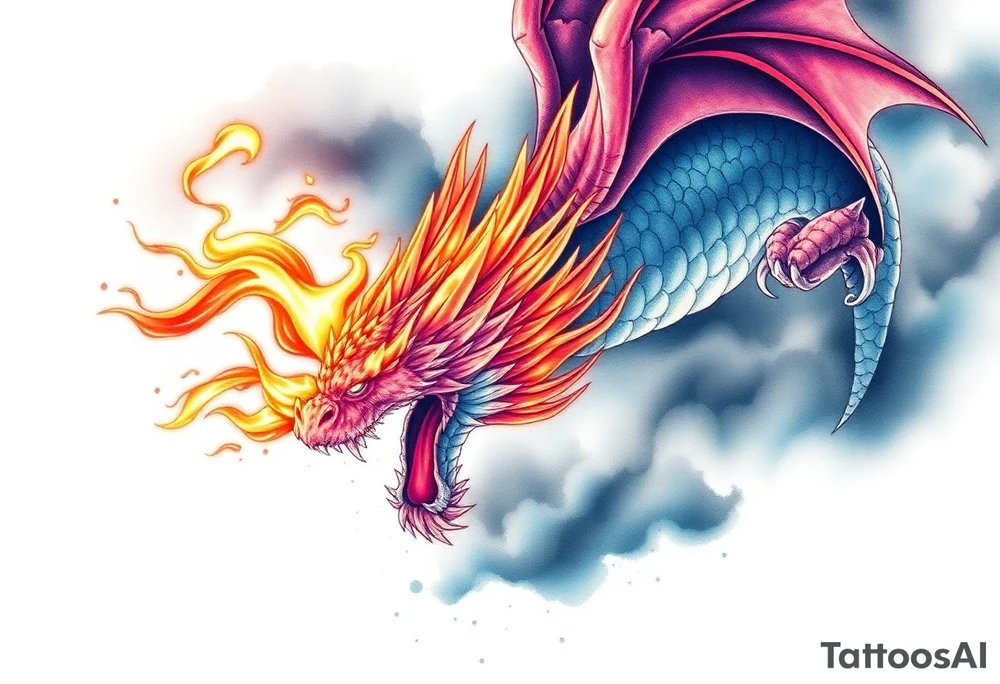 fierce dragon breathing iridescent fire against stormy skies tattoo idea