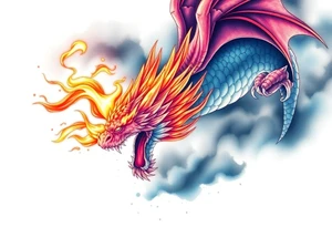 fierce dragon breathing iridescent fire against stormy skies tattoo idea