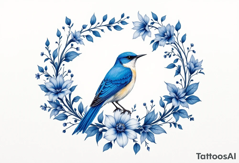 Blue bird coverup in a floral frame tattoo idea