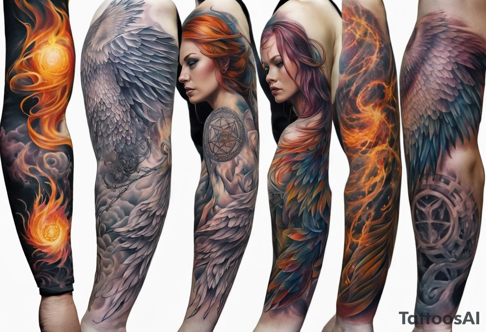 Sleeve tattoo on a woman's arm. Phoenix   with Metatron's cube tattoo idea